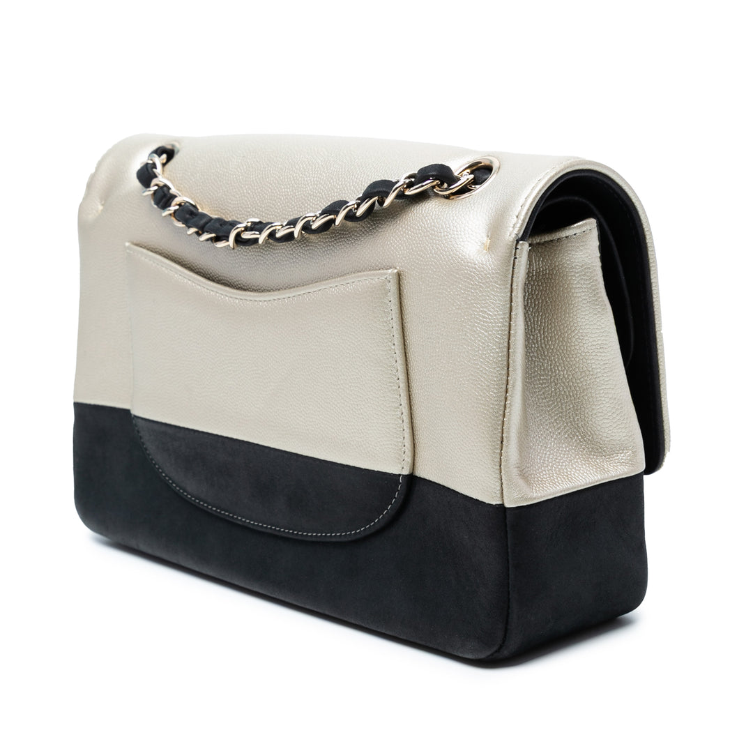 Chanel Medium Classic Bicolor Caviar Double rabat Argenté