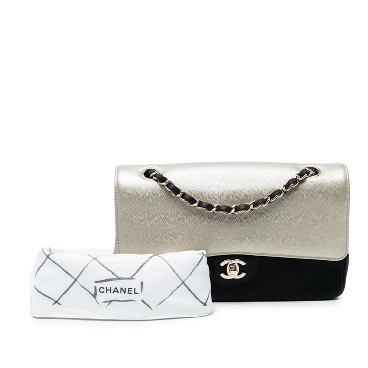 Chanel Medium Classic Bicolor Caviar Double rabat Argenté