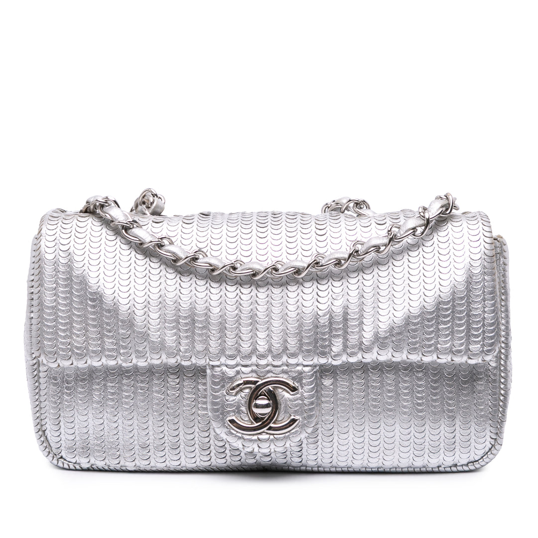 Small Metallic Lambskin Laser Cut Flap Silver - Gaby Paris