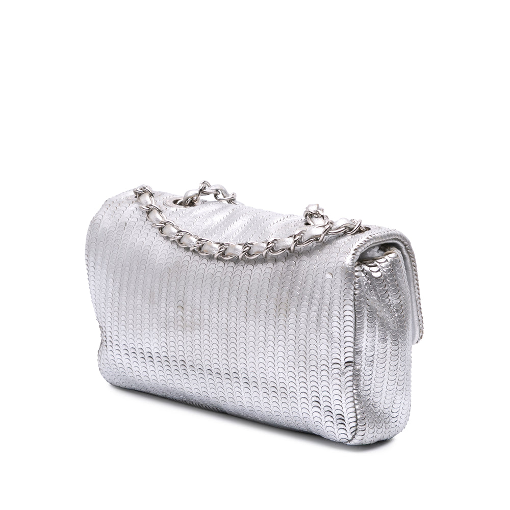 Small Metallic Lambskin Laser Cut Flap Silver - Gaby Paris