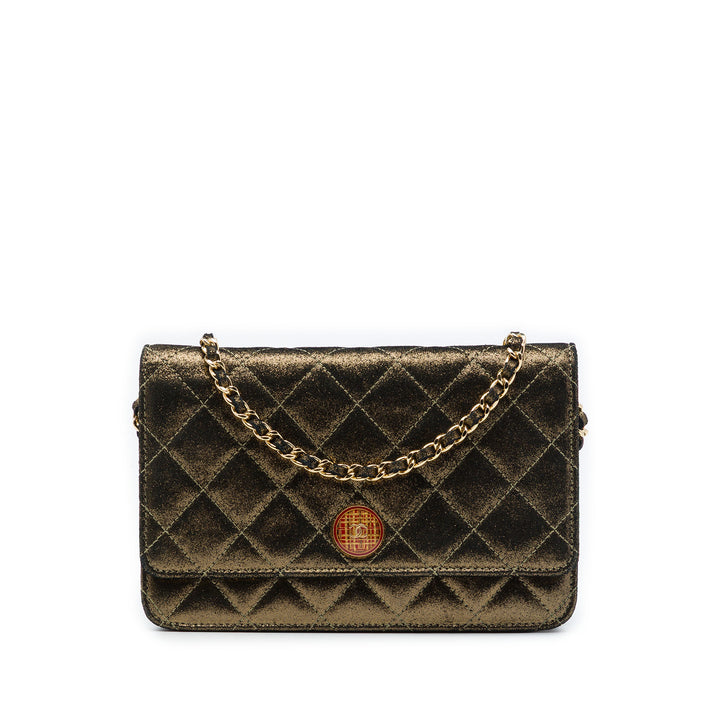 Matelassé Irisé Tartan Bouton Wallet on Chain Cuir d'agneau Doré