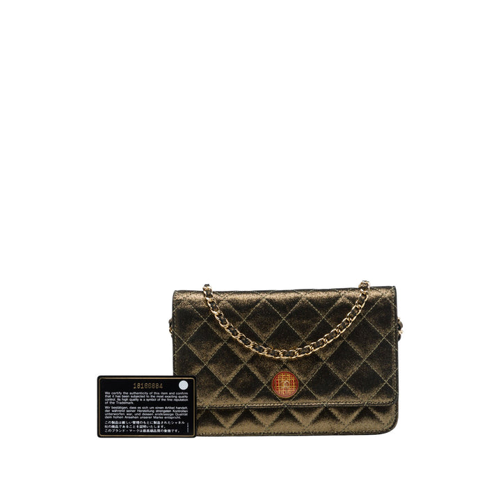 Matelassé Irisé Tartan Bouton Wallet on Chain Cuir d'agneau Doré
