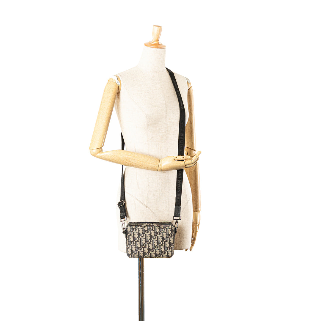 Oblique Canvas Zipped Pouch with Strap Blue - Gaby Paris
