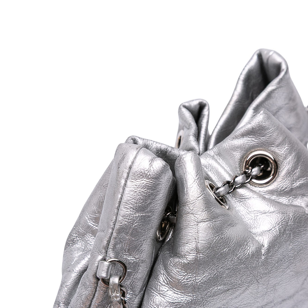 Small Quilted Metallic Aged Calfskin Gabrielle Bucket Bag Silver - Gaby Paris