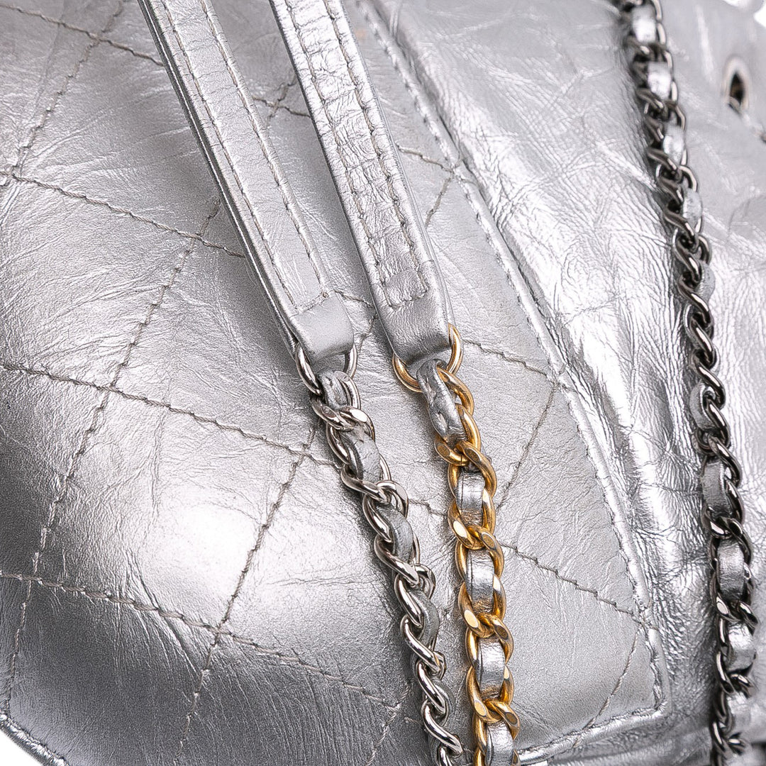 Small Quilted Metallic Aged Calfskin Gabrielle Bucket Bag Silver - Gaby Paris