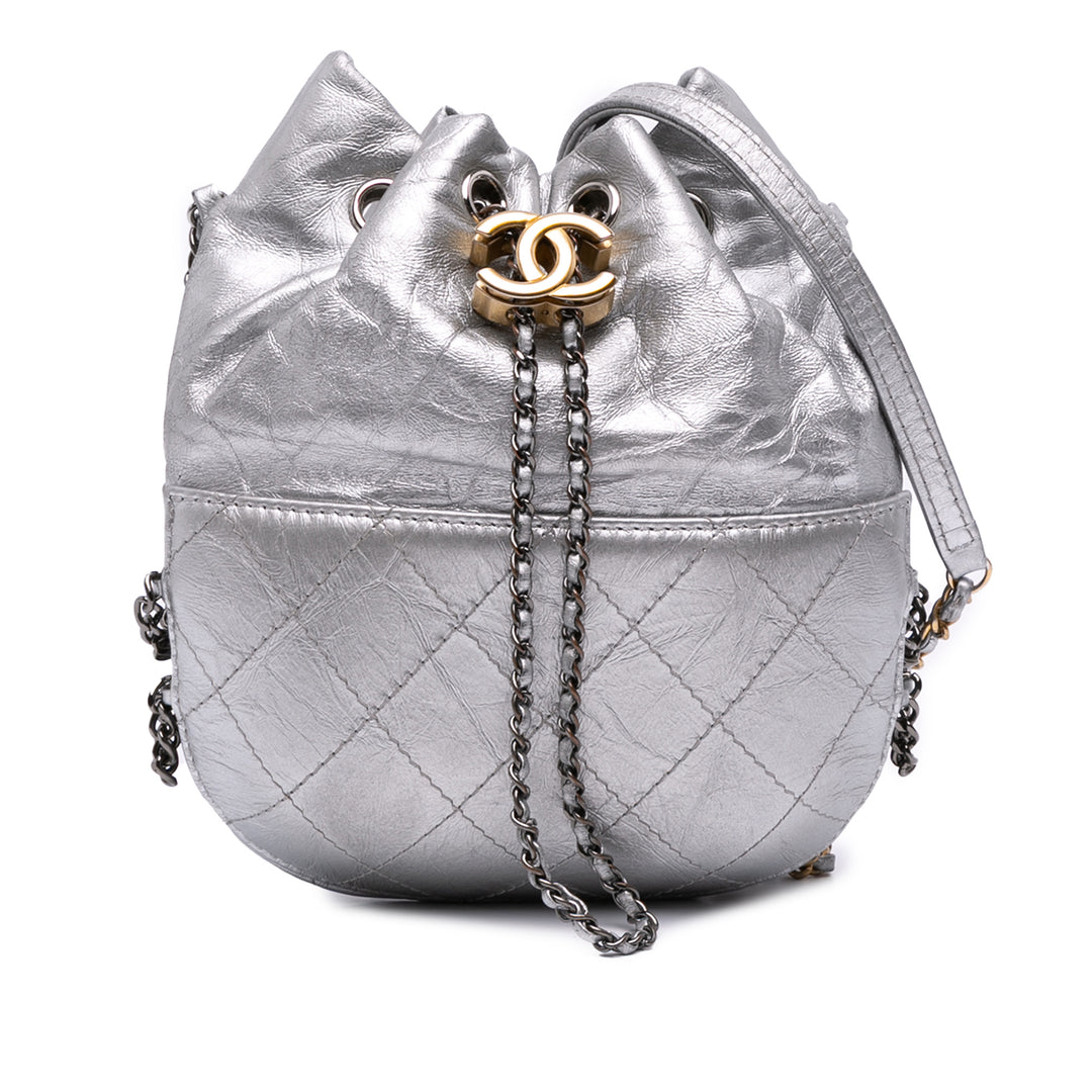 Small Quilted Metallic Aged Calfskin Gabrielle Bucket Bag Silver - Gaby Paris
