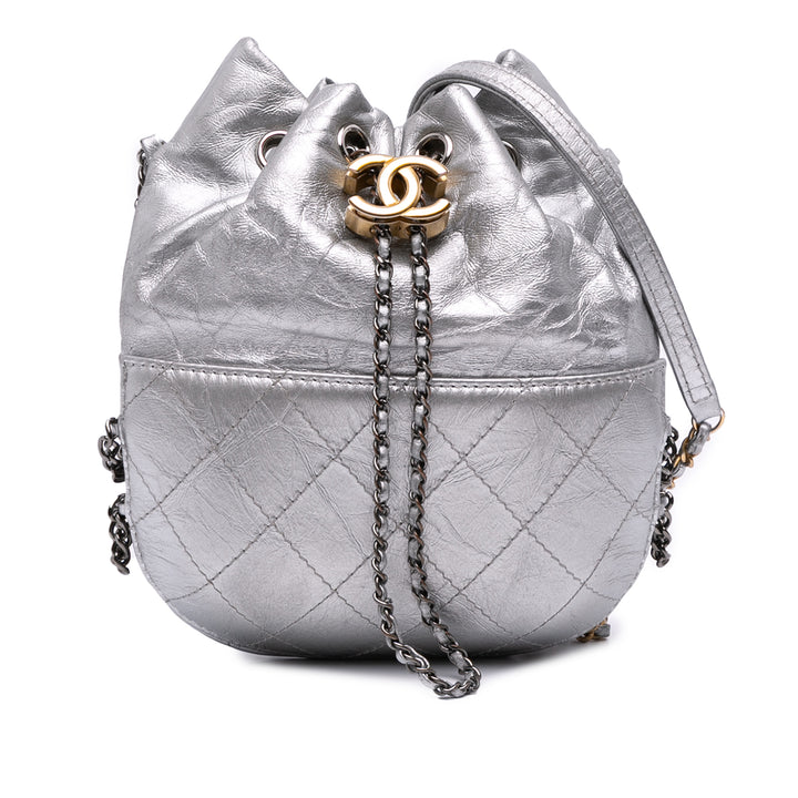 Small Quilted Metallic Aged Calfskin Gabrielle Bucket Bag Silver - Gaby Paris