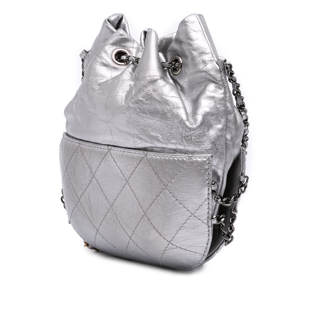 Small Quilted Metallic Aged Calfskin Gabrielle Bucket Bag Silver - Gaby Paris