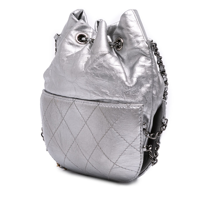 Small Quilted Metallic Aged Calfskin Gabrielle Bucket Bag Silver - Gaby Paris