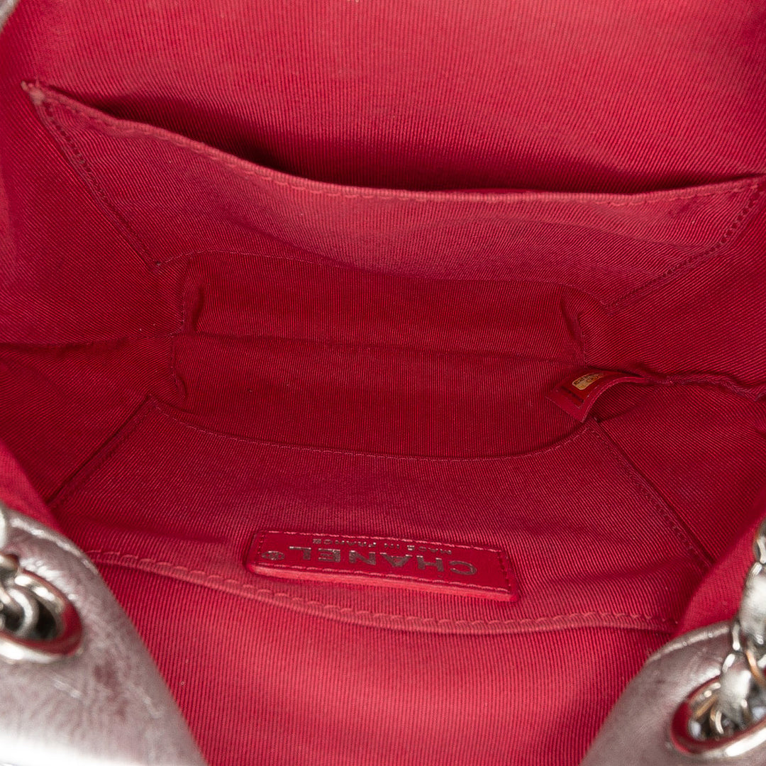 Small Quilted Metallic Aged Calfskin Gabrielle Bucket Bag Silver - Gaby Paris