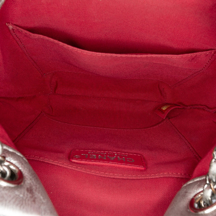 Small Quilted Metallic Aged Calfskin Gabrielle Bucket Bag Silver - Gaby Paris
