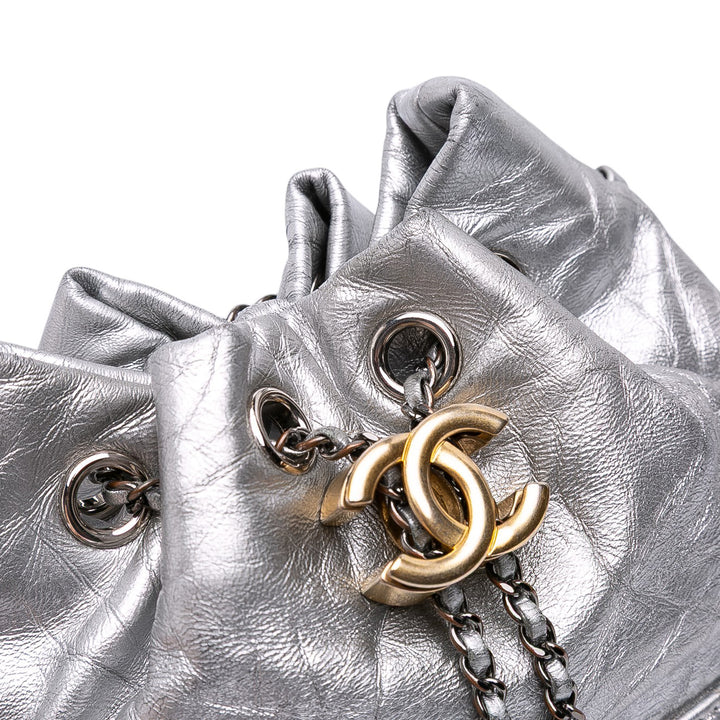 Small Quilted Metallic Aged Calfskin Gabrielle Bucket Bag Silver - Gaby Paris