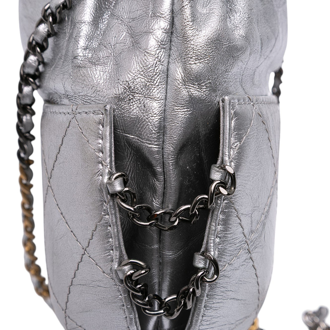 Small Quilted Metallic Aged Calfskin Gabrielle Bucket Bag Silver - Gaby Paris