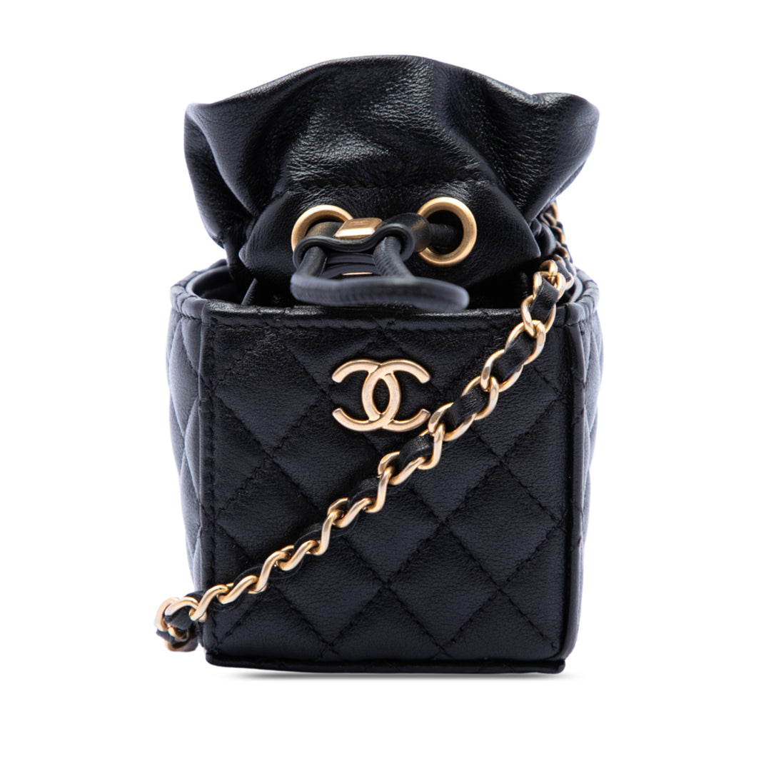 Matelassé Sac à cordon seau Mini Cuir de veau Noir