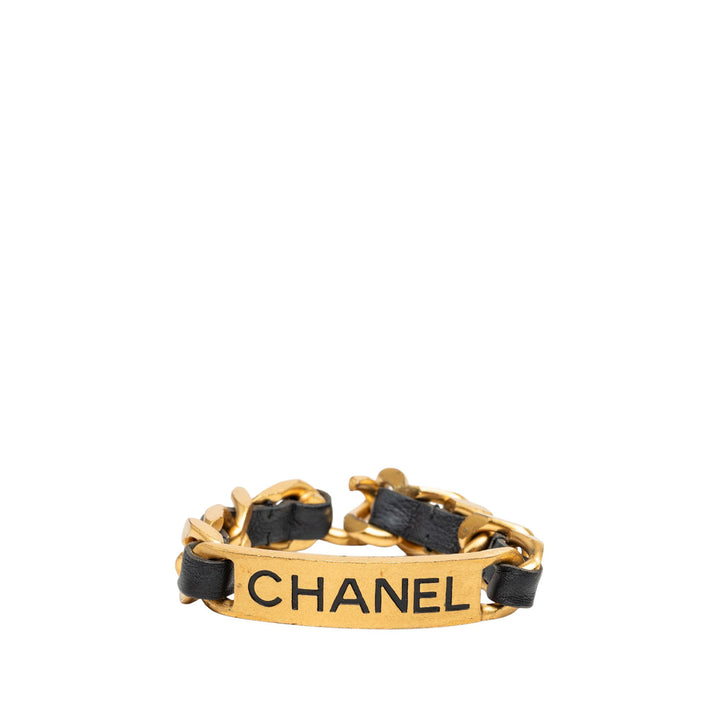 plaqué et Logo Plate Chaîne Bracelet Cuir de veau Noir