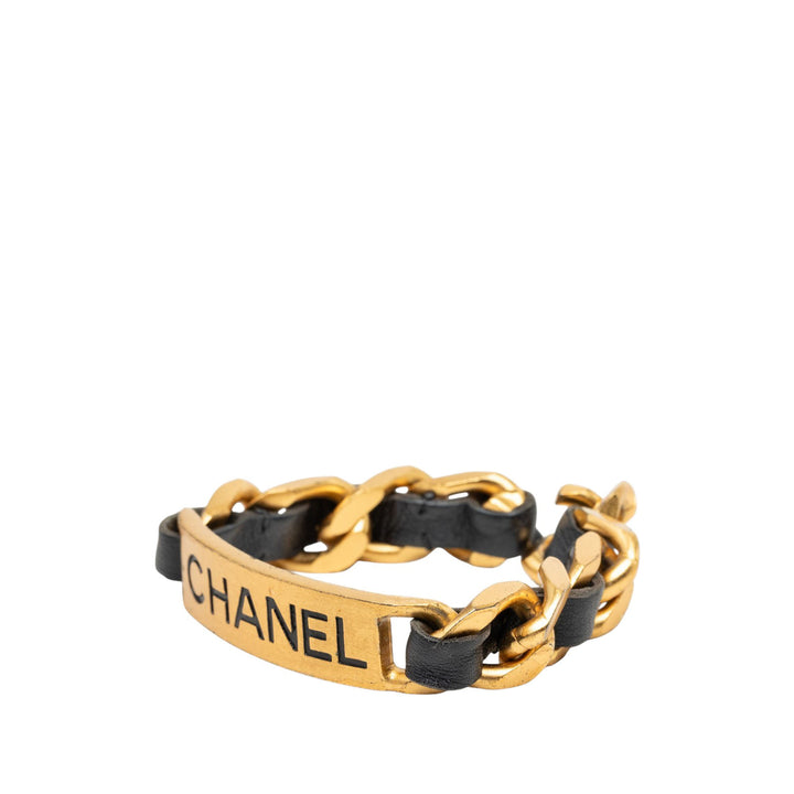 plaqué et Logo Plate Chaîne Bracelet Cuir de veau Noir