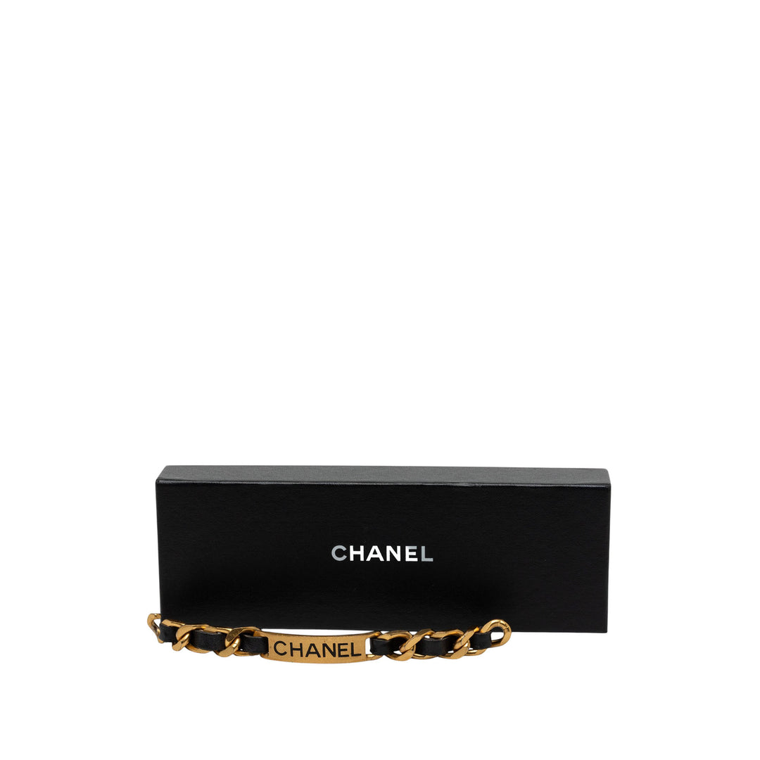 plaqué et Logo Plate Chaîne Bracelet Cuir de veau Noir