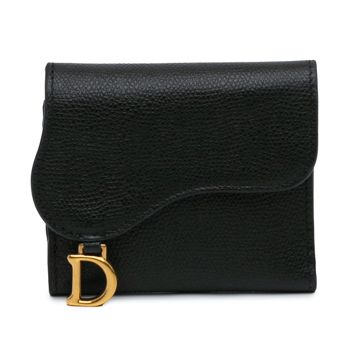 Grained Calfskin Saddle Lotus Wallet Black - Gaby Paris