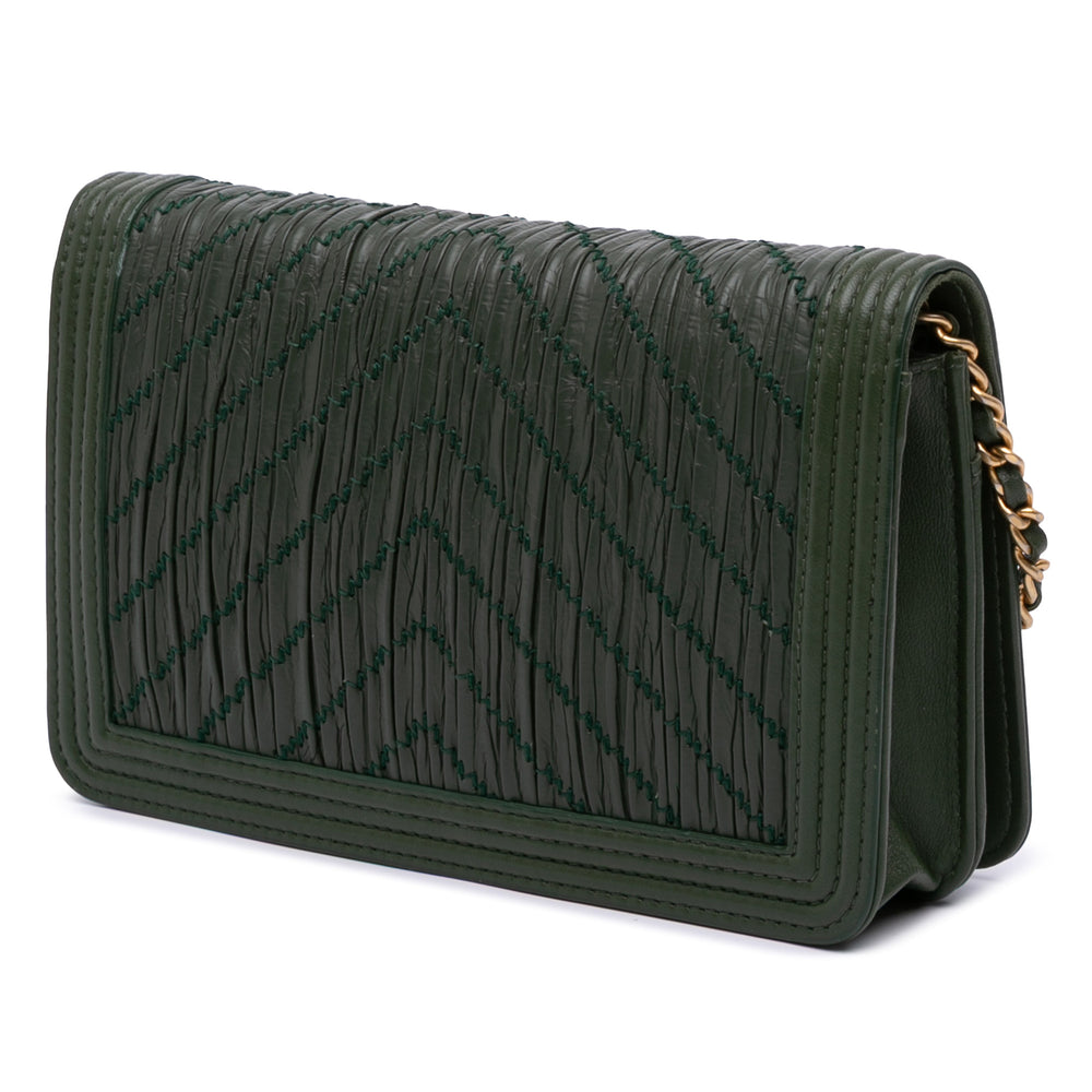 Chevron Quilted Crumpled Calfskin Boy Wallet On Chain Green - Gaby Paris