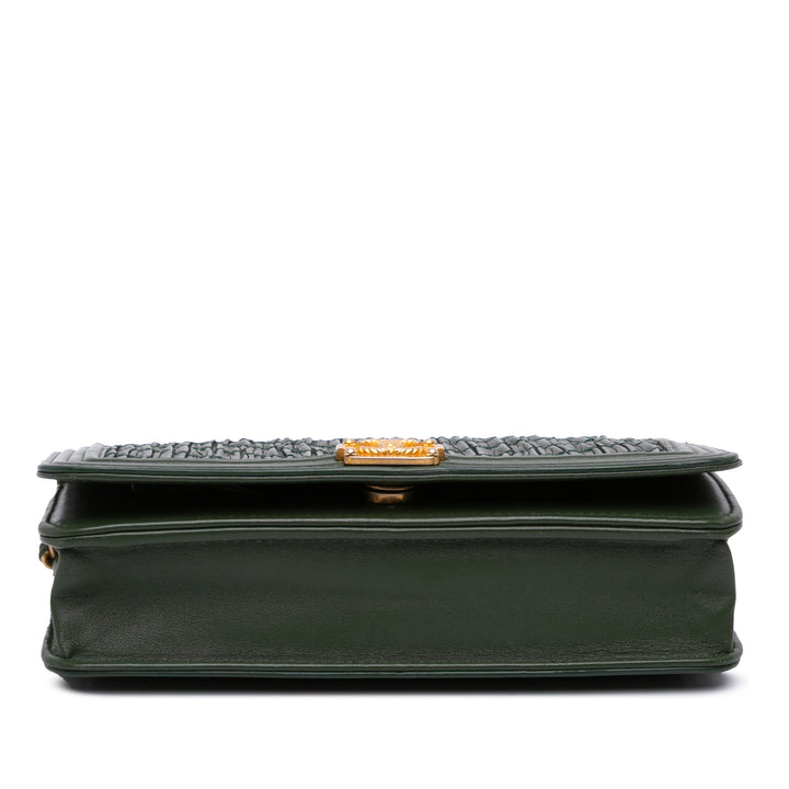 Chevron Quilted Crumpled Calfskin Boy Wallet On Chain Green - Gaby Paris