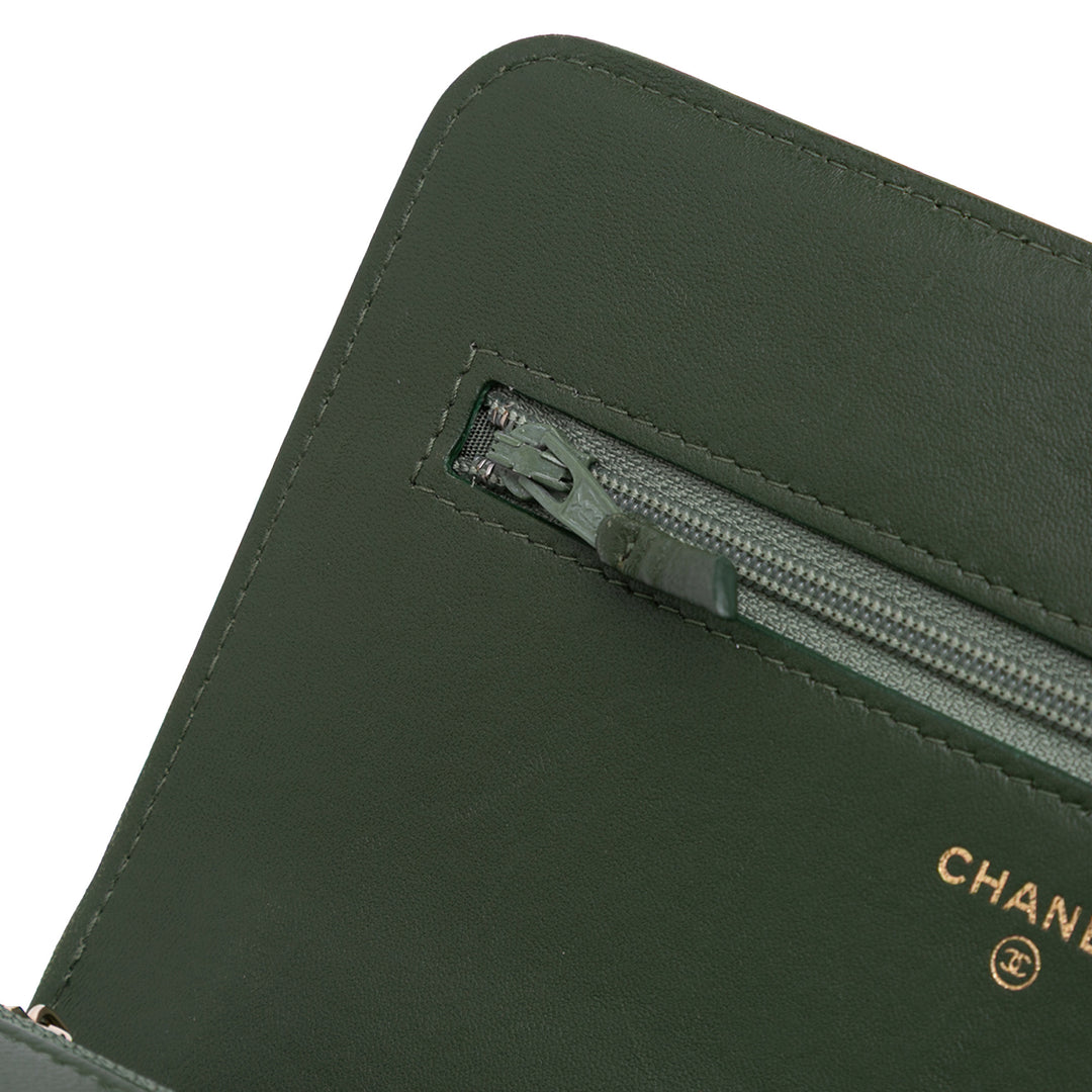 Chevron Quilted Crumpled Calfskin Boy Wallet On Chain Green - Gaby Paris