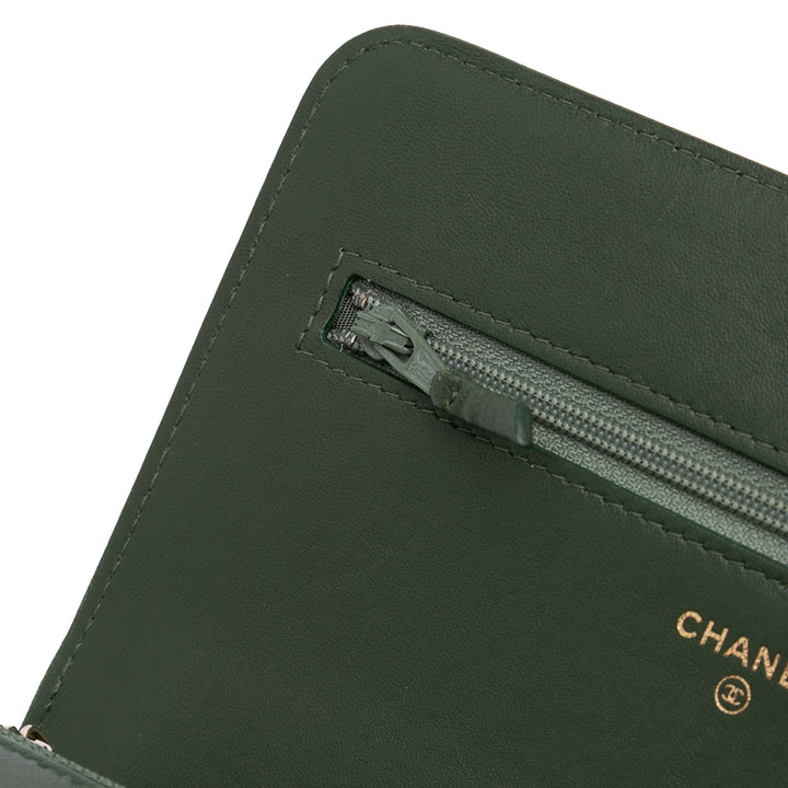 Chevron Quilted Crumpled Calfskin Boy Wallet On Chain Green - Gaby Paris