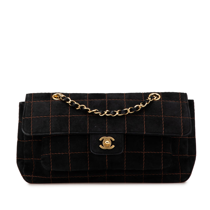 Choco Bar Suede Stitched Chain Flap Black - Gaby Paris