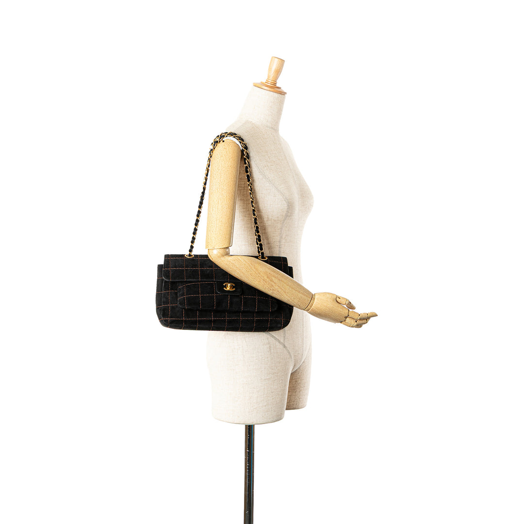 Choco Bar Suede Stitched Chain Flap Black - Gaby Paris