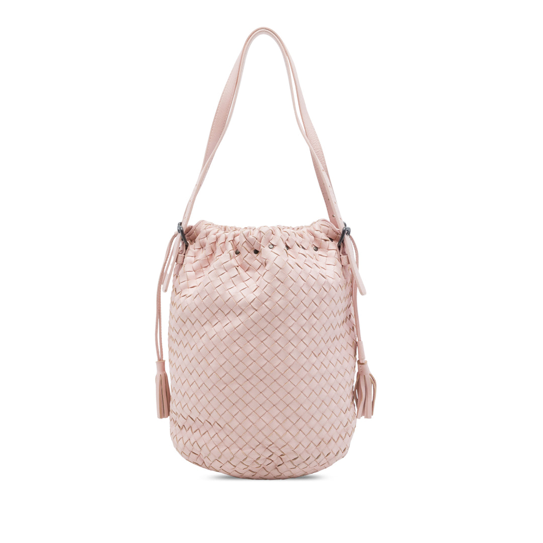 Bottega Veneta Intrecciato Sac à cordon seau nappa Rose – vue principale – GABY PARIS
