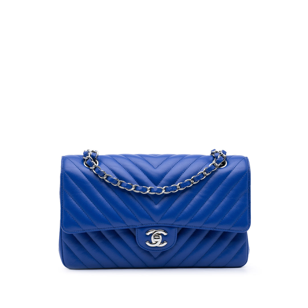 Medium Classic Chevron Caviar Double Flap Blue - Gaby Paris