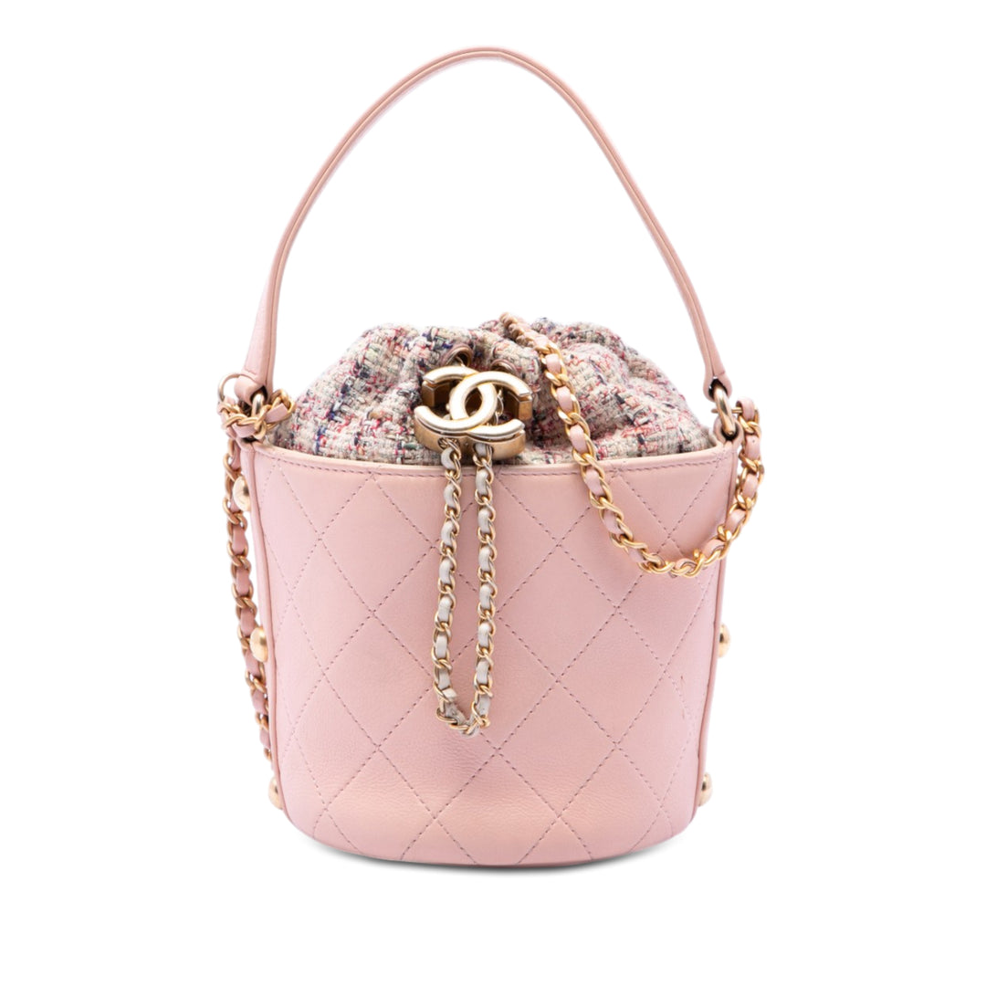 Chanel Small CC Cuir de veau et Tweed Drawstring Bucket Sac