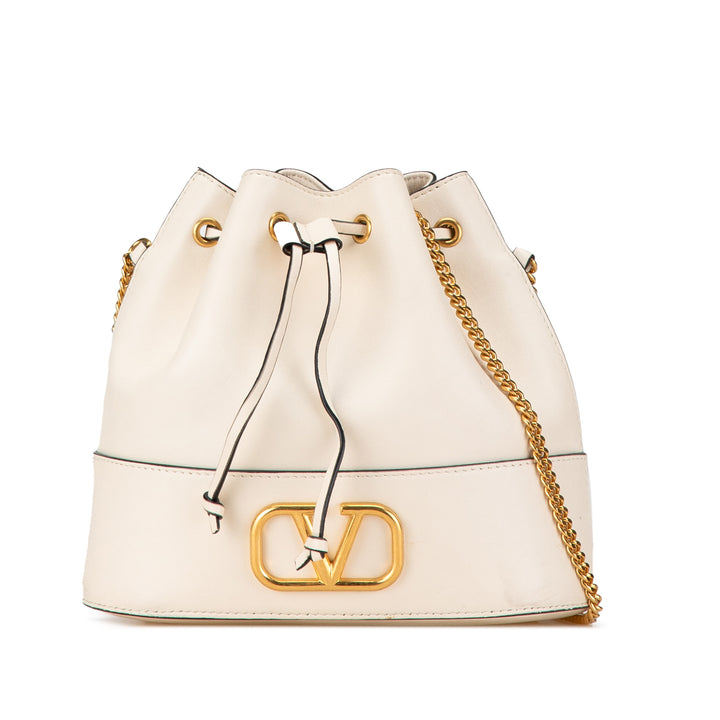 Valentino Mini Nappa Leather VLogo Signature Chain Bucket Bag White - GABY PARIS