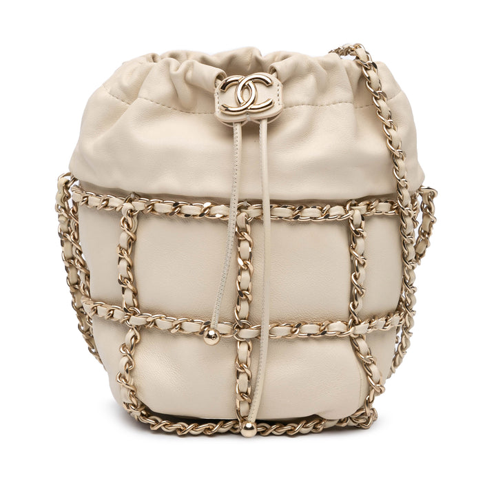 Lambskin CC Chain Frame Drawstring Bucket Bag White - Gaby Paris