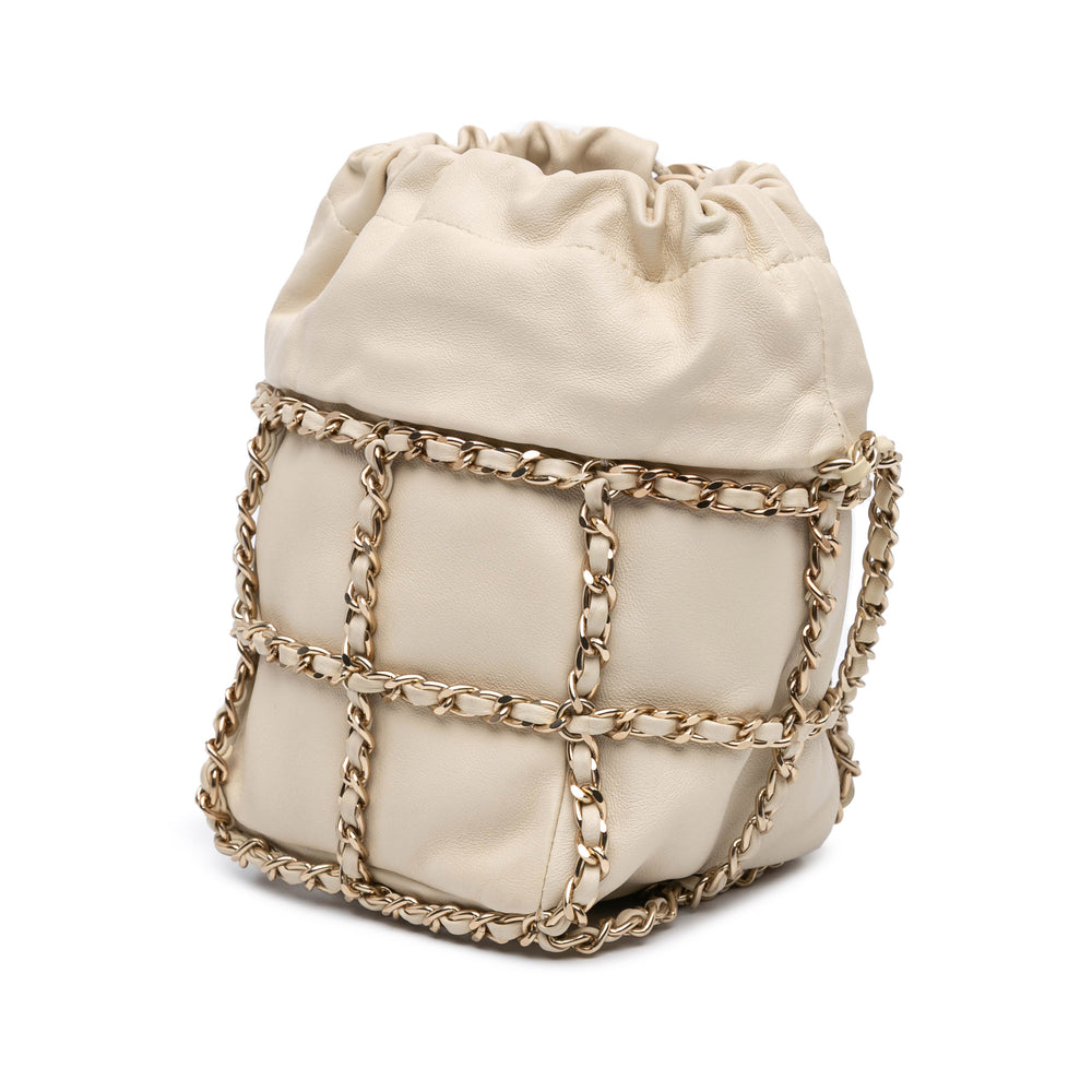 Lambskin CC Chain Frame Drawstring Bucket Bag White - Gaby Paris