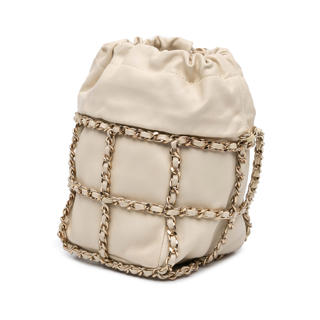 Lambskin CC Chain Frame Drawstring Bucket Bag White - Gaby Paris