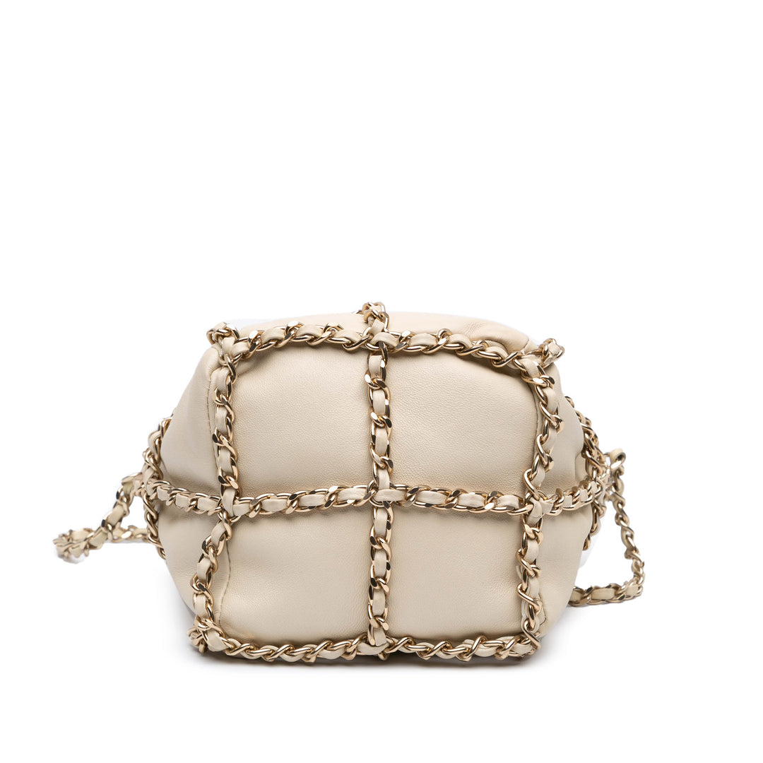 Lambskin CC Chain Frame Drawstring Bucket Bag White - Gaby Paris