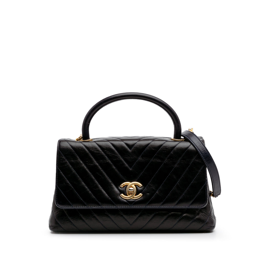 Medium Chevron Aged Calfskin Coco Top Handle Bag Black - Gaby Paris