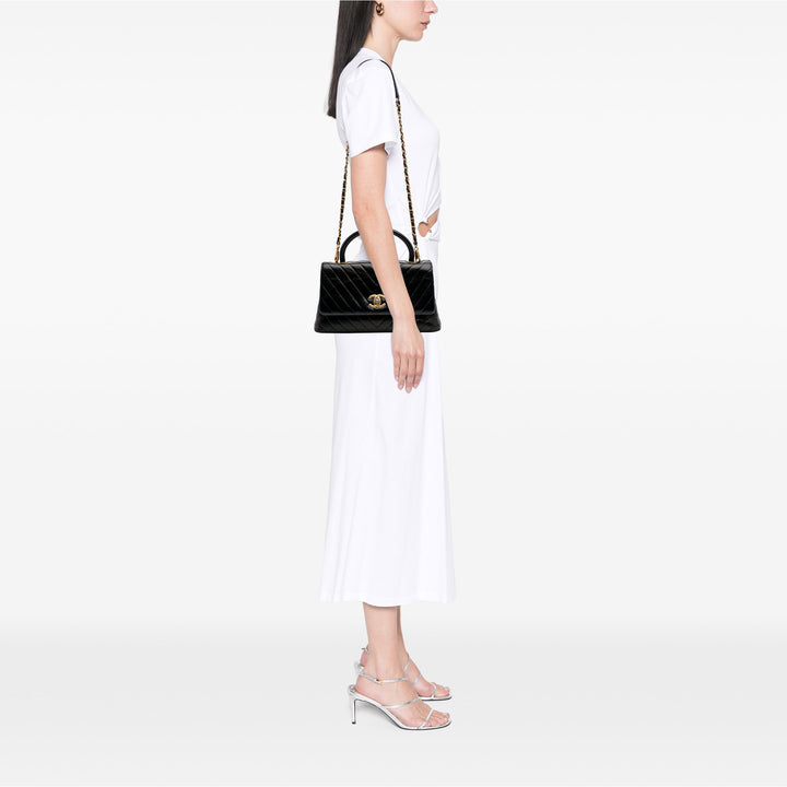 Medium Chevron Aged Calfskin Coco Top Handle Bag Black - Gaby Paris