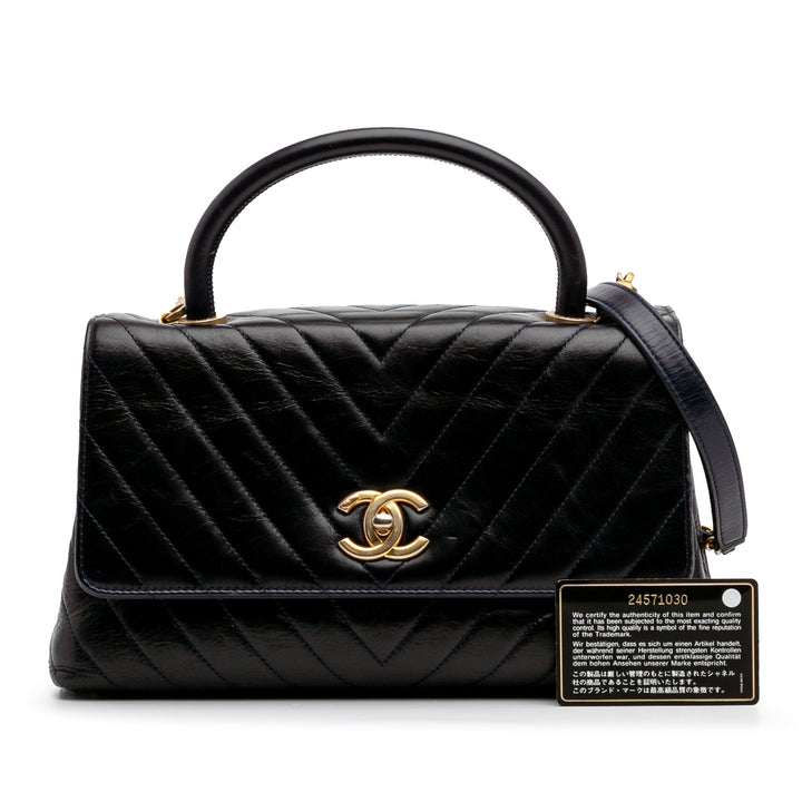 Medium Chevron Aged Calfskin Coco Top Handle Bag Black - Gaby Paris