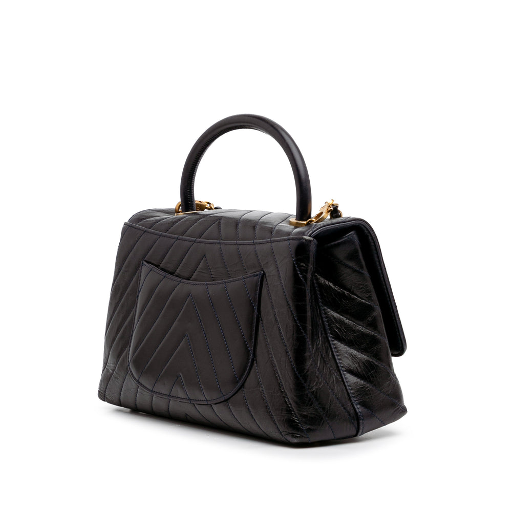 Medium Chevron Aged Calfskin Coco Top Handle Bag Black - Gaby Paris