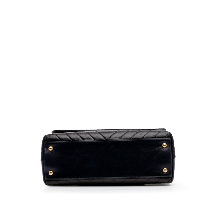 Medium Chevron Aged Calfskin Coco Top Handle Bag Black - Gaby Paris