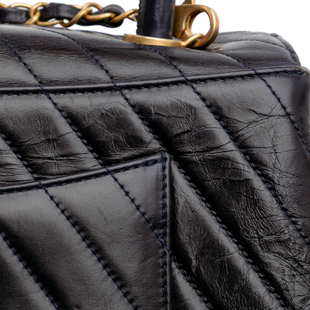 Medium Chevron Aged Calfskin Coco Top Handle Bag Black - Gaby Paris