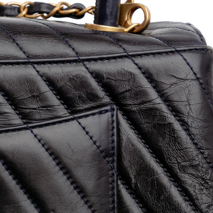 Medium Chevron Aged Calfskin Coco Top Handle Bag Black - Gaby Paris