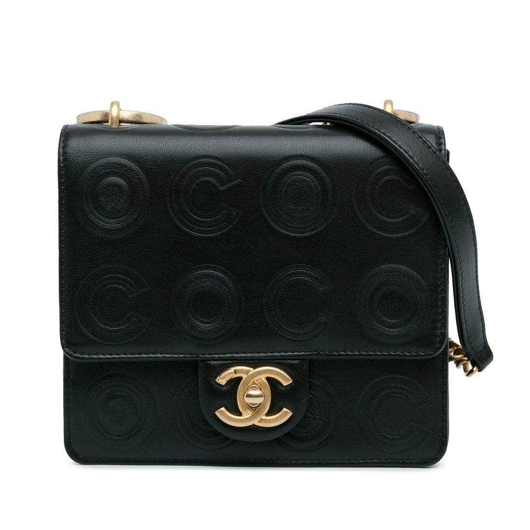 Mini Square Coco Embossed Calfskin Flap Black - Gaby Paris