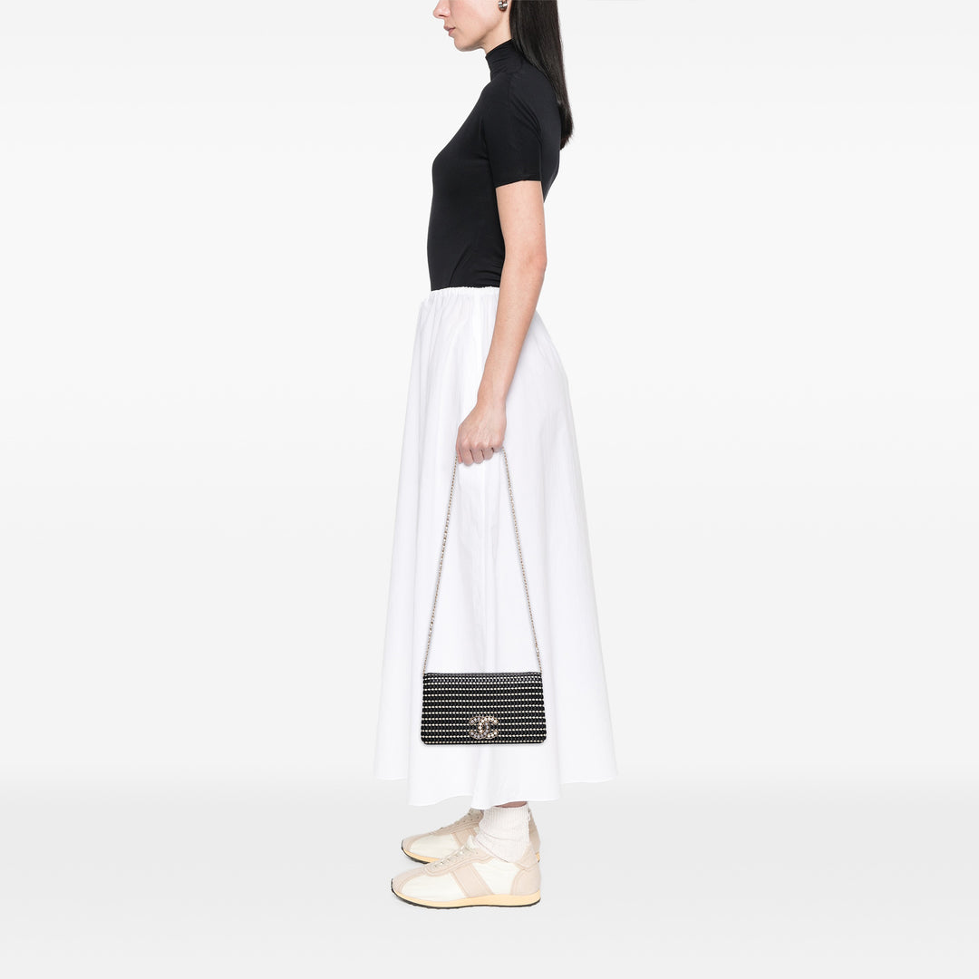 CC Bicolor Woven Lambskin Crystal Pearl Flap Black - Gaby Paris