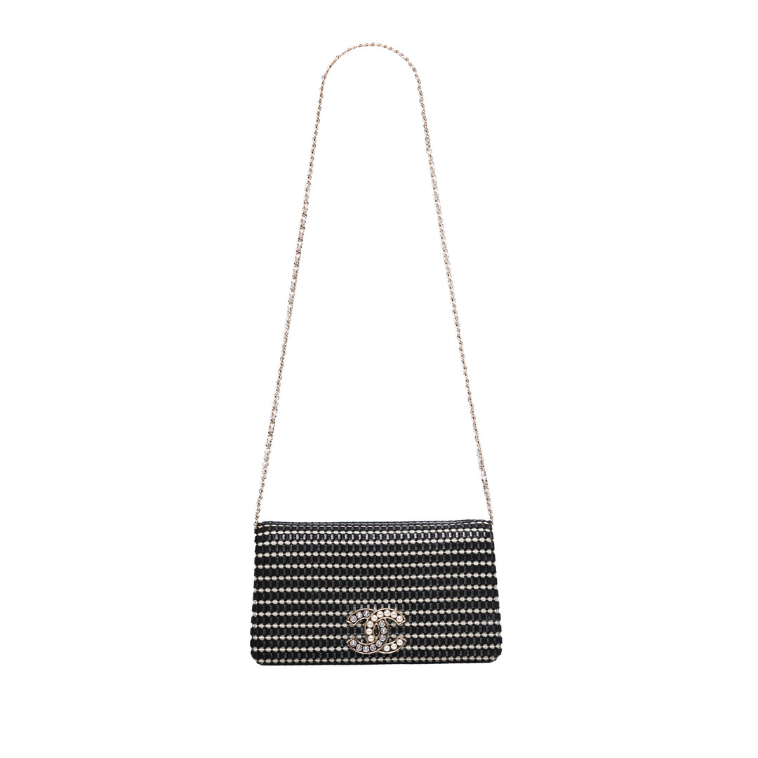 CC Bicolor Woven Lambskin Crystal Pearl Flap Black - Gaby Paris