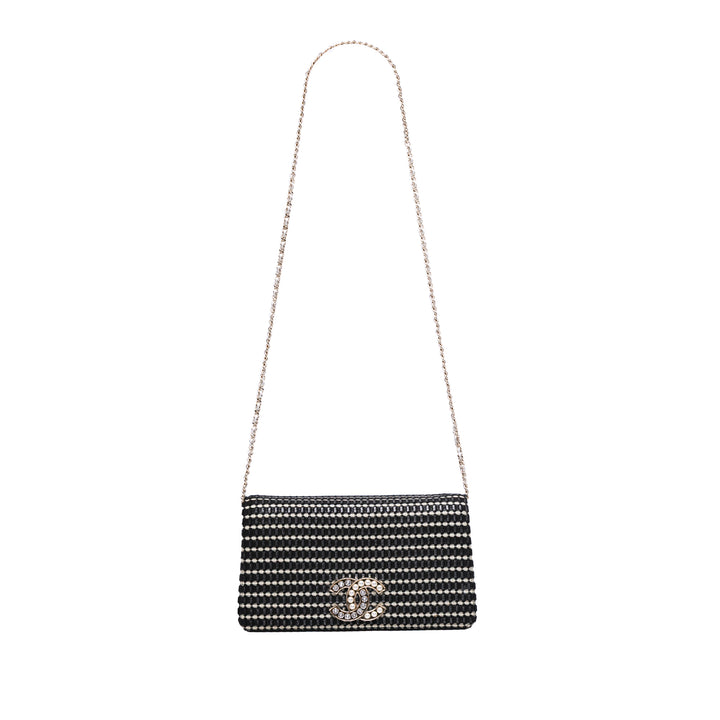 CC Bicolor Woven Lambskin Crystal Pearl Flap Black - Gaby Paris