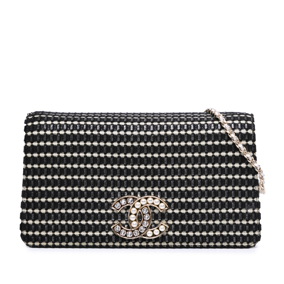 CC Bicolor Woven Lambskin Crystal Pearl Flap Black - Gaby Paris