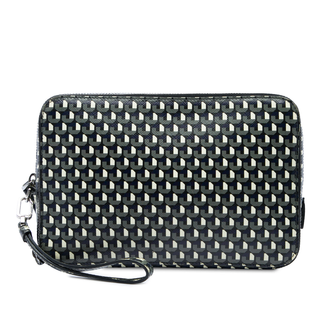 Prada Pochette Geometric Portfolio Zippé Saffiano Bleu – vue principale – GABY PARIS