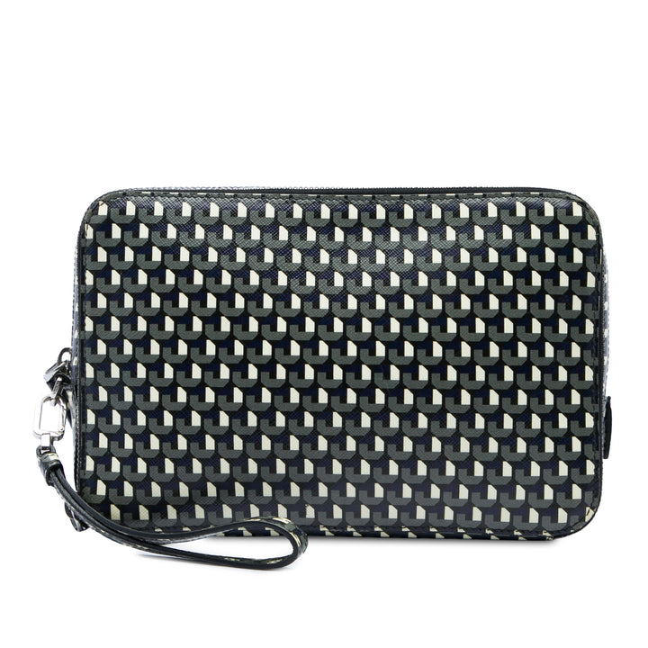 Prada Pochette Geometric Portfolio Zippé Saffiano Bleu – vue principale – GABY PARIS